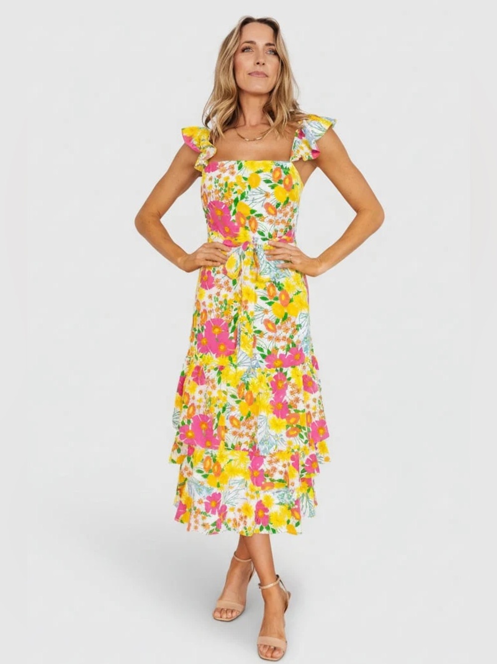 Baltic Born Dani Ruffle Tiered Midi Dress | Multi Floral Size M